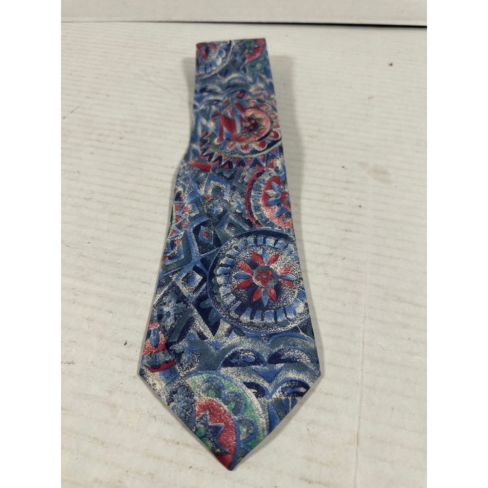 Long's Rockingham NC Mens Silk Tie Blue Red Abstract Geometric Medallion Vintage